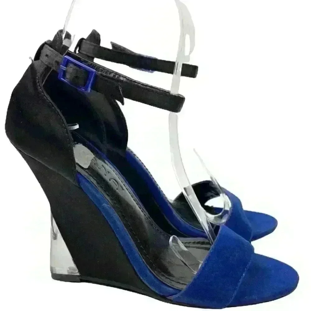 Liliana womens heels size 5.5 black blue satin wedges Dorsay formal black tie